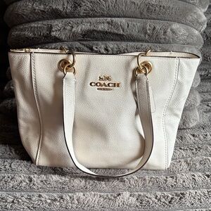 Coach White Pebbled Leather Tote with Gold Hardware